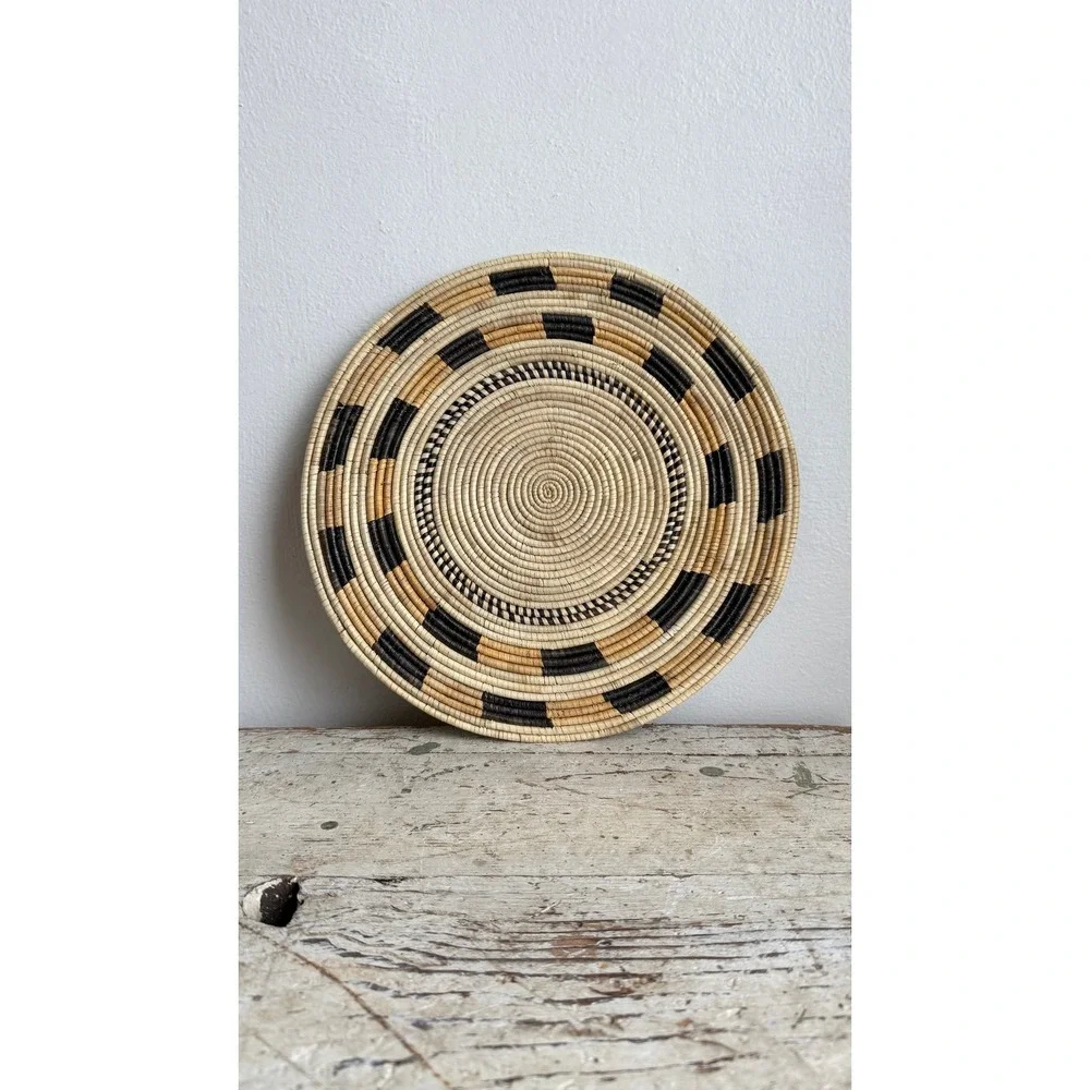 Handwoven Geometric Wicker Trivet Hot Pad Tray Black Yellow 13.5 Inch